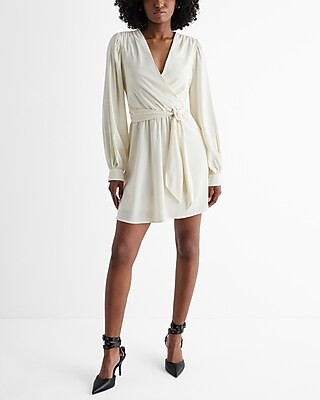 V-Neck Surplice Long Sleeve Tie Waist Mini Dress | Express