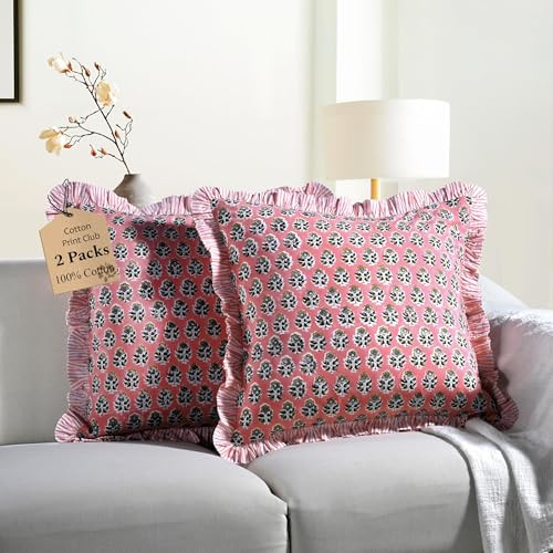 CPC Poppy Pink Ruffle Throw Pillow Covers for Couch, 18x18 Inch Cotton Stripe Ruffle Couch Pillows for Living Room, Hidden 14 Inch Zipper Boho Pillow Case or Cute Outdoor Pillows | Amazon (UK)