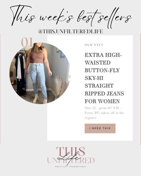 This week’s best sellers: extra high, waisted button, fly sky high Street ripped jeans for women from Old Navy, size 12 

#LTKSeasonal #LTKcurves #LTKstyletip