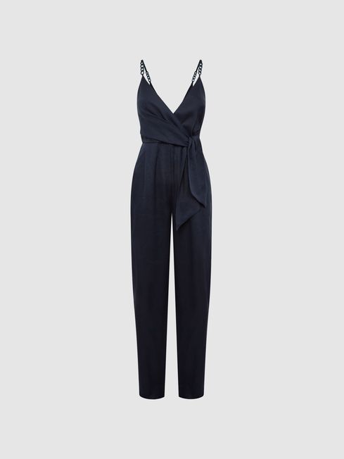 Reiss Navy Emilia V-Neck Linen Jumpsuit | Reiss UK