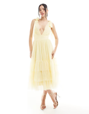 Lace & Beads Bridesmaid Madison bow shoulder midaxi dress in butter yellow | ASOS (Global)
