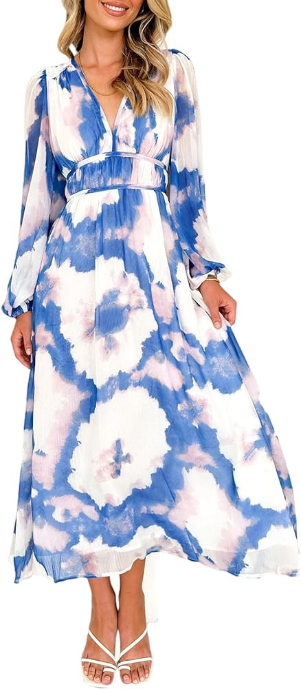 Sissyaki Women's Long Sleeve Boho Floral Maxi Dress Smocked Beach Flowy Dress | Amazon (US)