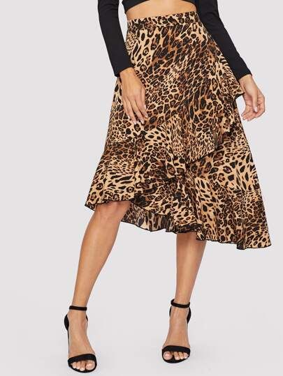 Asymmetrical Ruffle Hem Wrap Leopard Skirt | SHEIN