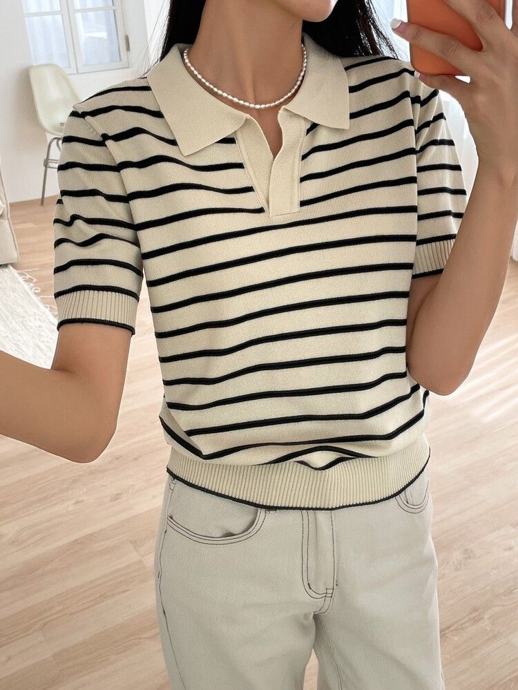 DAZY Striped Pattern Notched Detail Knit Top | SHEIN