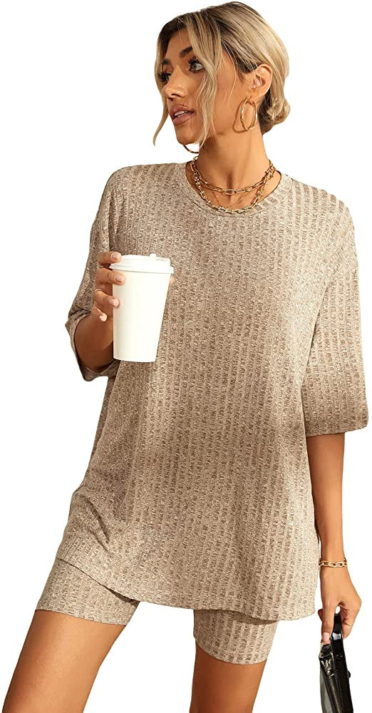 WDIRARA Women's 2 Piece Outfits Ribbed Short Sleeve Drop Shoulder Tee and Shorts Set | Amazon (US)