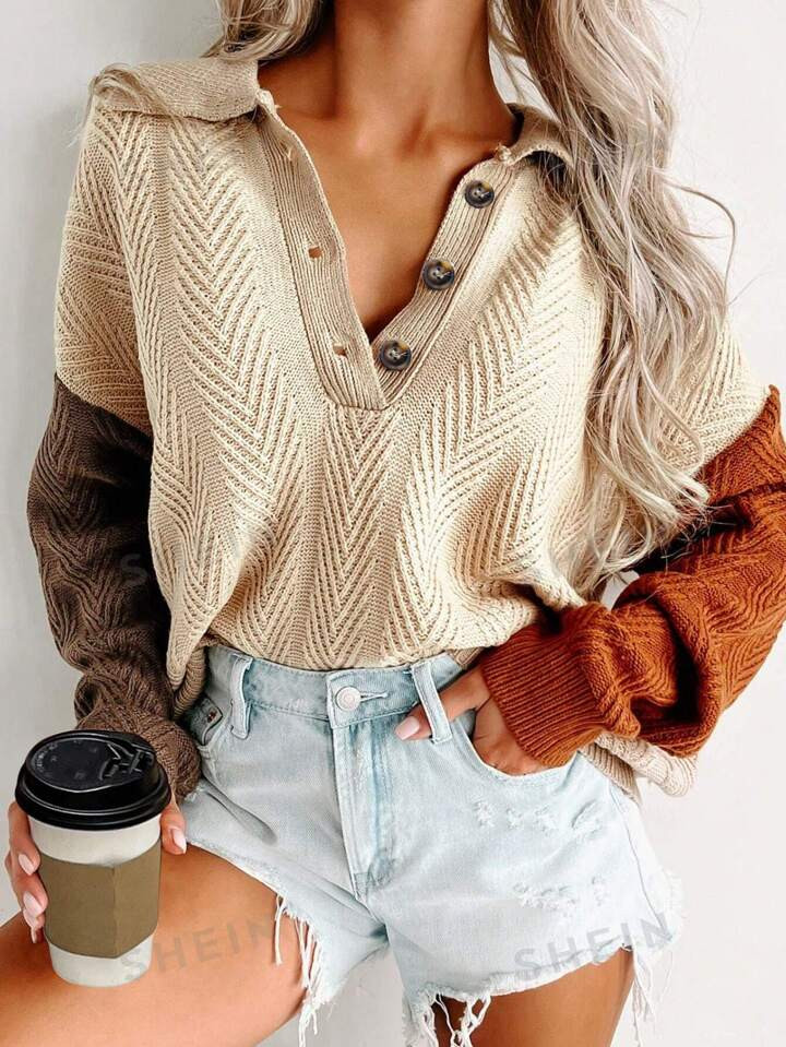 SHEIN LUNE Women Half Button Collared Color-Block Textured Knit Pullover Sweater | SHEIN