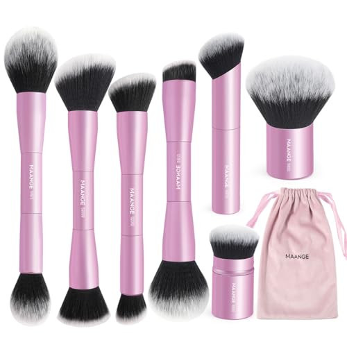 MAANGE 7pcs Makeup Brush Set Double Sided Kabuki Makeup Brushes Contour Brush for Foundation Liquid Powder Concealer Cream Cosmetics Bronzer Blending Blush Buffing Makeup Tools (Pink) | Amazon (US)