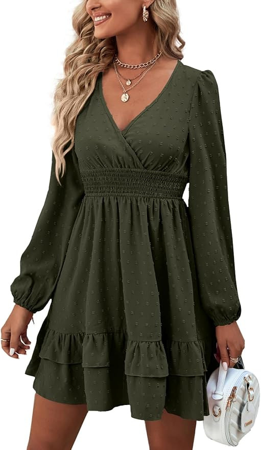 Rooscier Women's Wrap V Neck Swing Ruffle Swiss Dots Long Sleeve Mini Dress | Amazon (US)