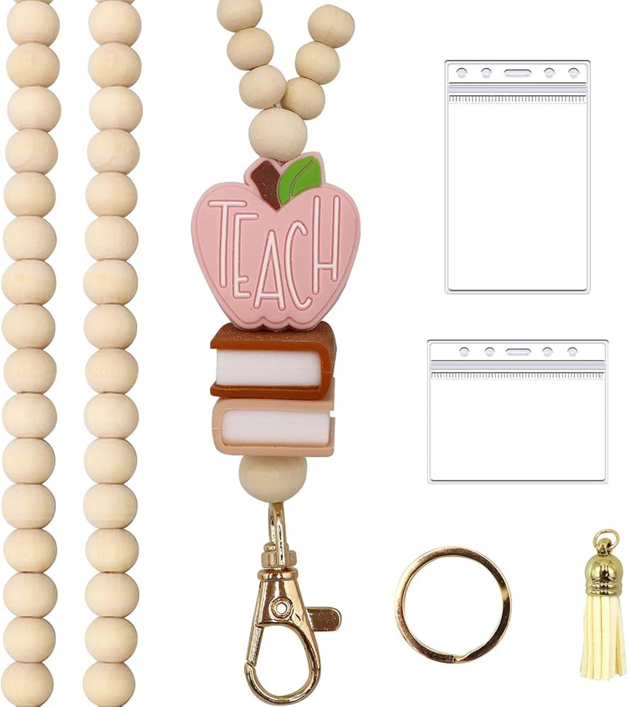 Wooden Beaded Lanyard, Teacher Lanyard with ID Holder, Lanyards for Id Badges Women, Fashion Pink... | Amazon (US)