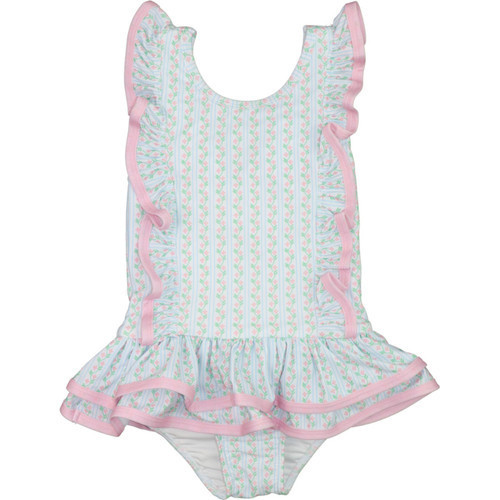 Pink And Green Vintage Floral Ruffle Swimsuit - Shipping Mid April | Cecil and Lou