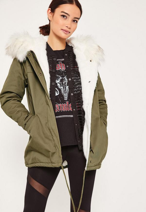 Khaki Short Faux Fur Lined Parka Coat | Missguided (US & CA)