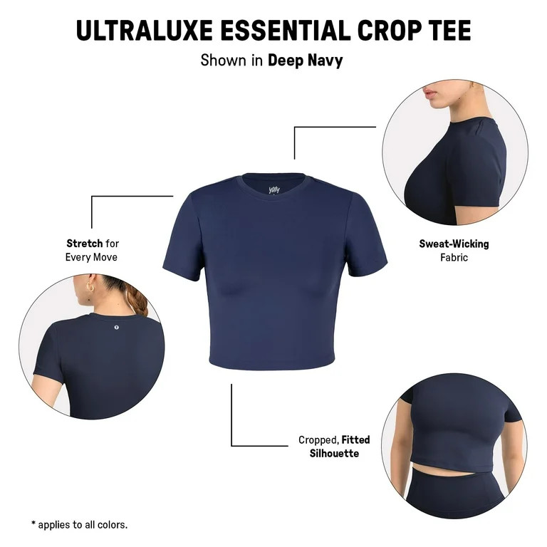 YITTY Active Women's UltraLuxe Essential Crop Tee, Athleisure, 4-Way-Stretch, Deep Navy, M | Walmart (US)