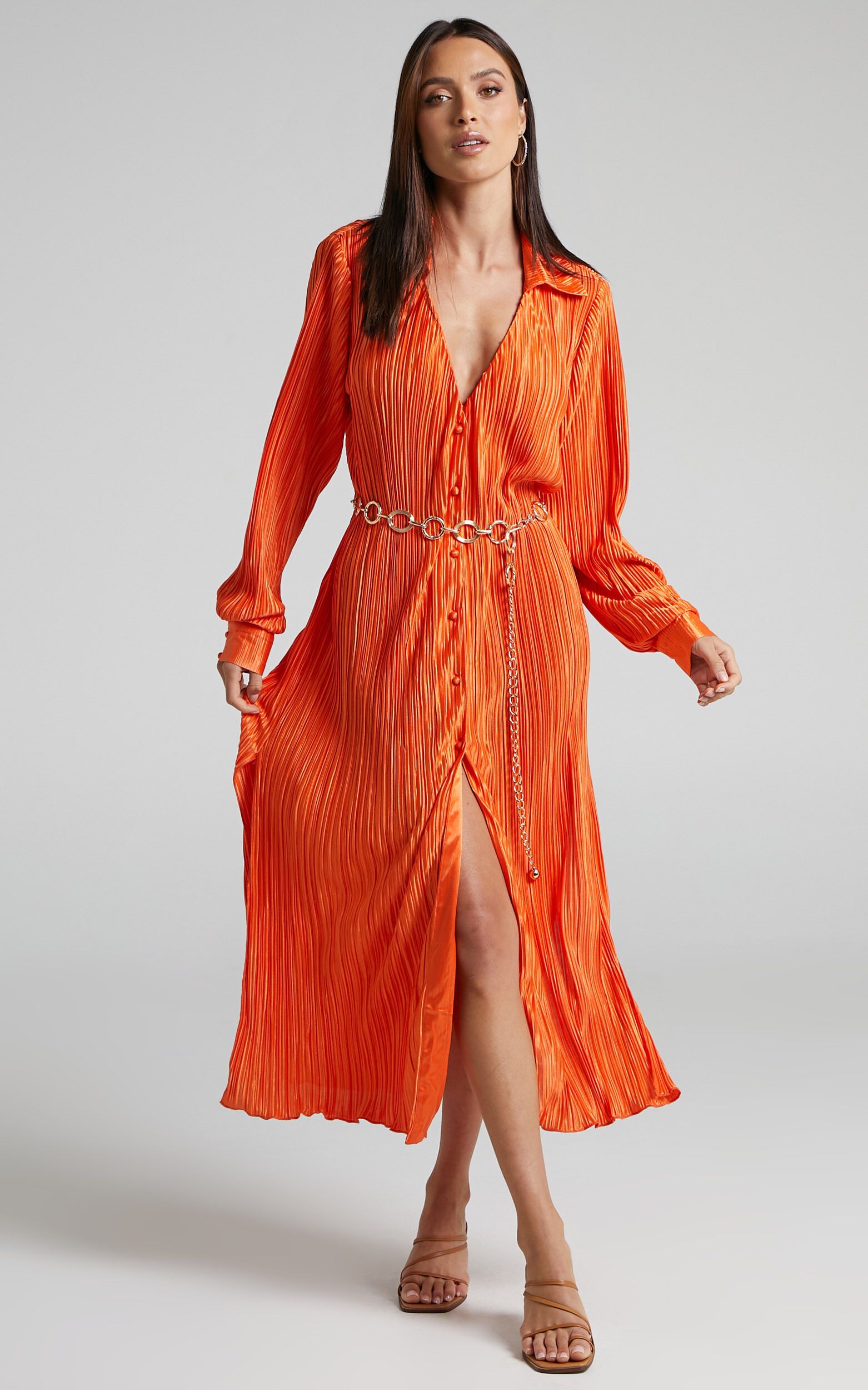 Donelli Plisse Oversized Collared Shirt Midi Dress in Orange | Showpo (US, UK & Europe)