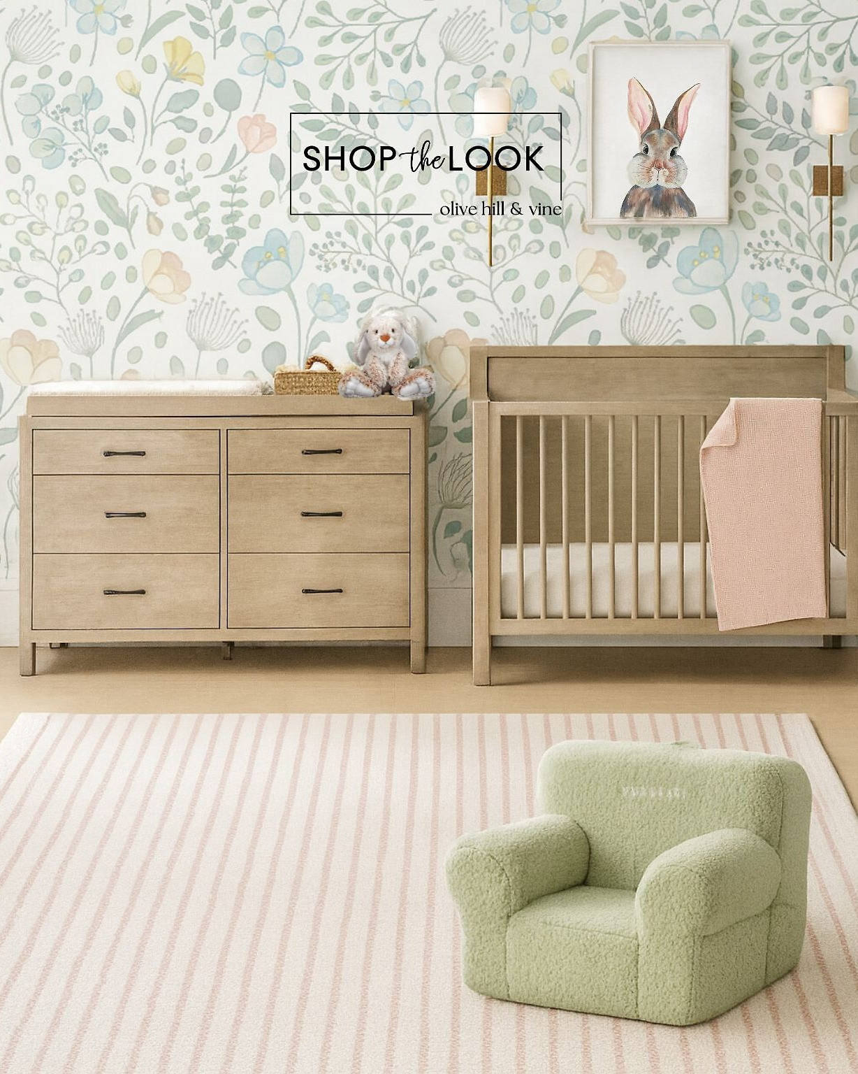 A whimsical bunny nursery with floral wallpaper, metal sconces, and playful bunny art. Soft pinks and greens pair with a 4-in-1 convertible crib and dresser with changer shelf, creating a timeless, dreamy space for your little girl to grow. 

 

#LTKHome #LTKBaby #LTKBump