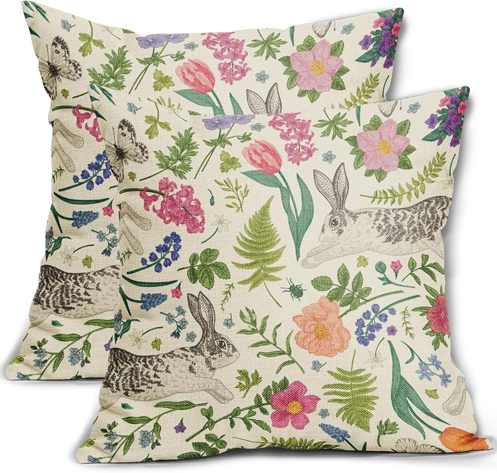 Spring Pillow Covers 18x18 Inch Set of 2 Rabbit Bunny Pink Flower Sage Green Leaves Vintage Botan... | Amazon (US)