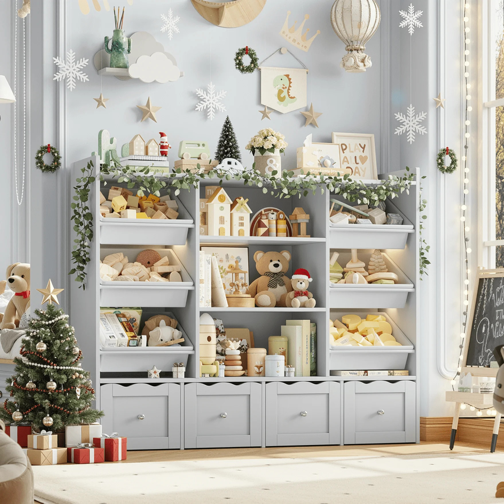 Hiphuta 55" Wide Toy Storage Organizer with 4 Removable Drawers, 4-Tier Kid Bookcase with 6 Bins,... | Walmart (US)