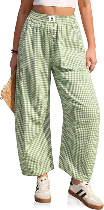 TARSE Gingham Pants Women Barrel Loose Wide Leg Checkered Casual Linen Plaid Trousers with Pocket... | Amazon (US)