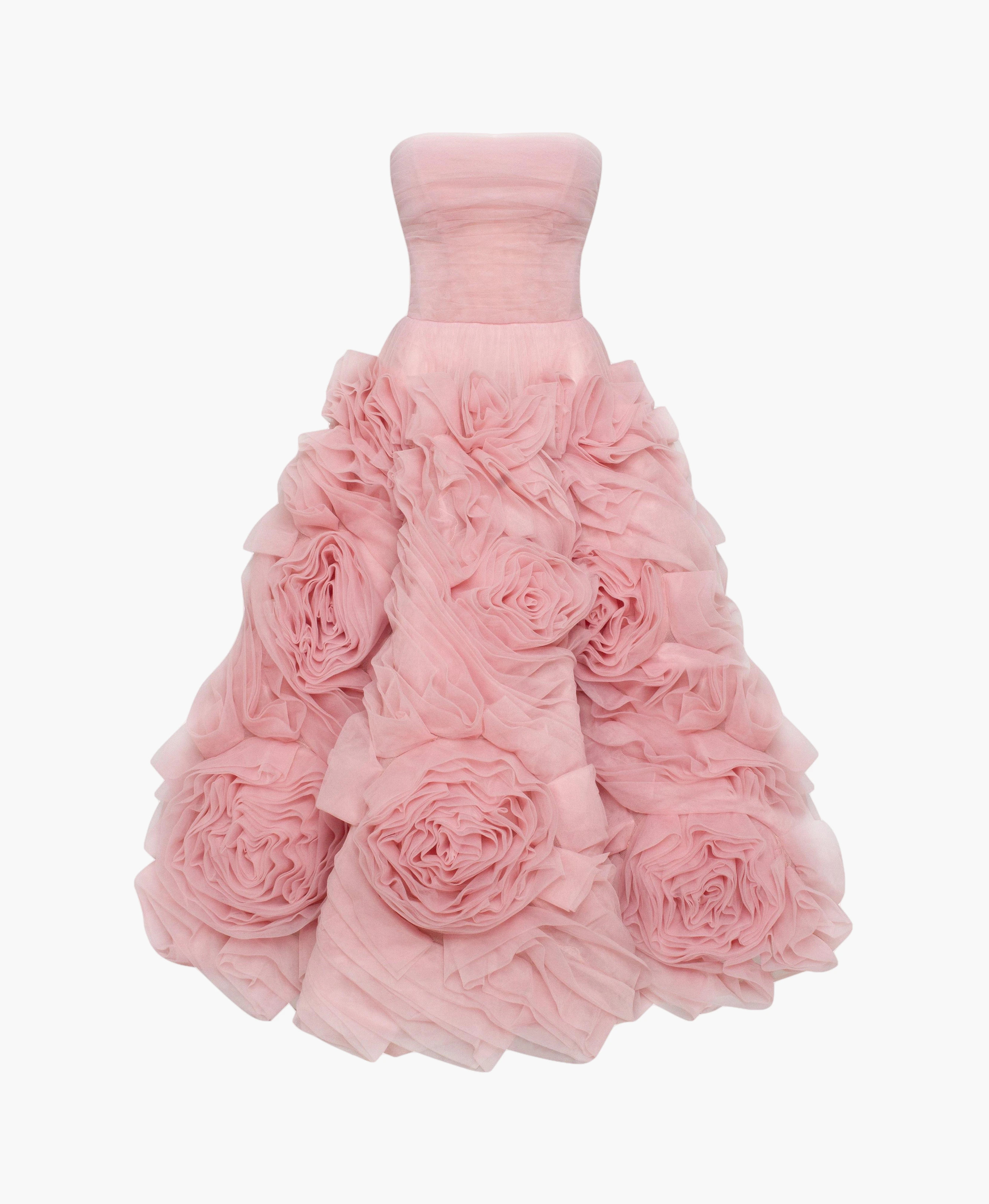 Dramatically Flowered Tulle Dress In Misty Pink | Seezona