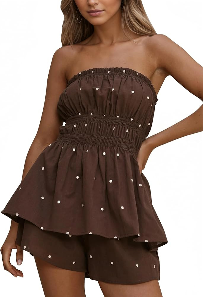 Summer Polka Dot Set For Women Ruffle Tube Tops Wide Leg 2 Piece Short Set Matching Lounge Set Be... | Amazon (US)