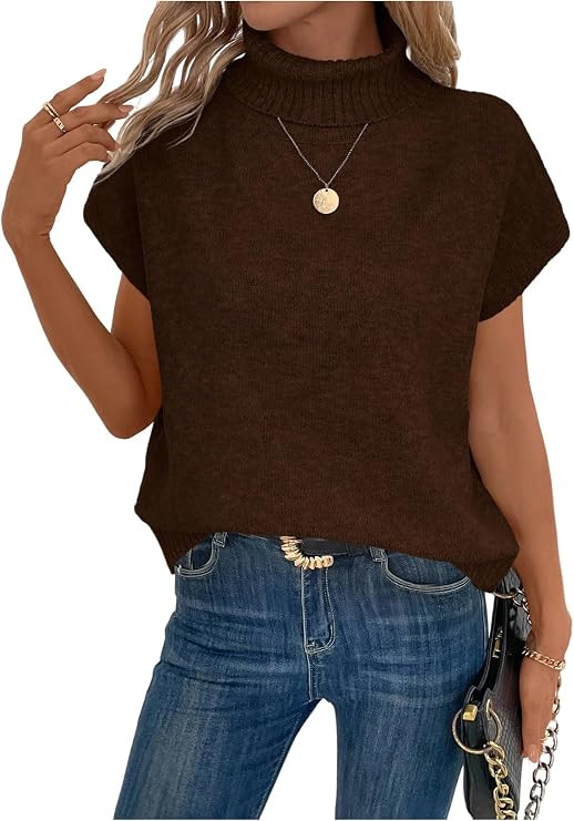 WDIRARA Women's Turtleneck Cap Sleeve Sweater Vest Pullover Knitted Top Loose Oversized Knitwear | Amazon (US)