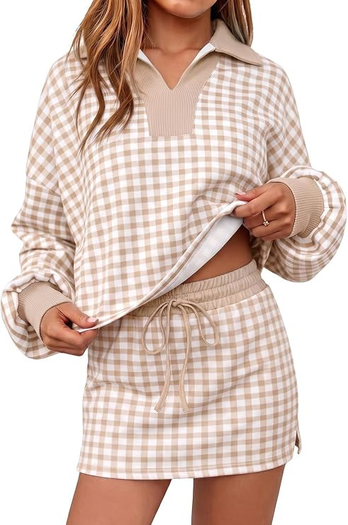 Fisoew Womens Striped 2 Piece Outfits Casual Sweatshirt Skirt Set Long Sleeve Skort Workout Set M... | Amazon (US)