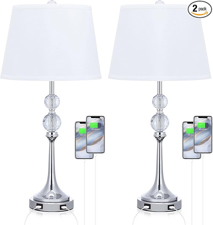 USB Table Lamp Set of 2, 26”H Bedside Lamp with White Lampshade, Bedroom Lamp Sets Crystal Ball... | Amazon (US)