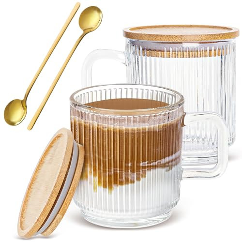 LUCKJOY Set of 2 Glass Coffee Mugs with Bamboo Lids and Spoons, 12oz Vintage Ribbed Glassware for Latte, Tea, Cappuccino, Cute Coffee Bar Accessories Clear Glass Coffee Cups for Hot/Cold Beverages | Amazon (US)