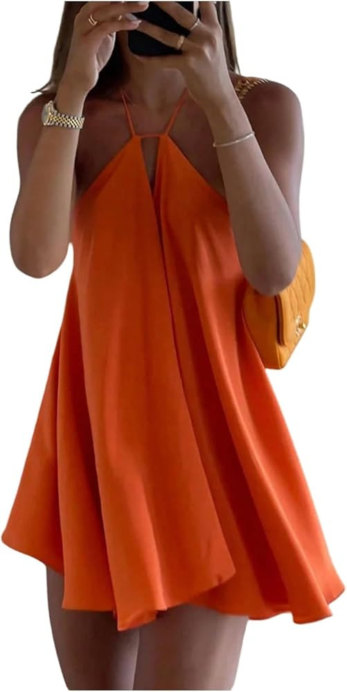 SKAYS Women's Halter Neck Backless Sleeveless Mini Dress Flowy A Line Casual Back Bow Tie Short D... | Amazon (US)