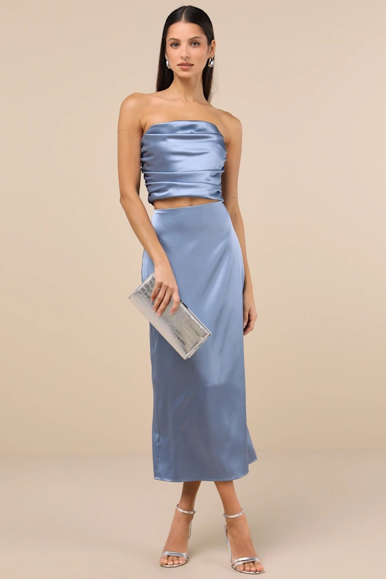 Demure Sweetie Slate Blue Satin Strapless Two-Piece Midi Dress | Lulus