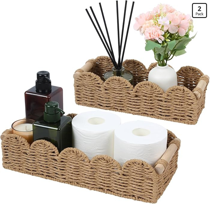 Paper Rope Storage Basket Set of 2 with Wooden Handles - Scalloped Toilet Paper Organizer, Cute &... | Amazon (US)
