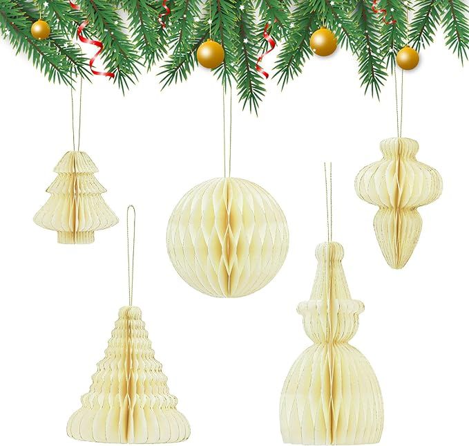 5 PCS Hanging Honeycomb Paper Christmas Decorations, 3D Mini Glitter Edge Christmas Tree Ornament... | Amazon (US)
