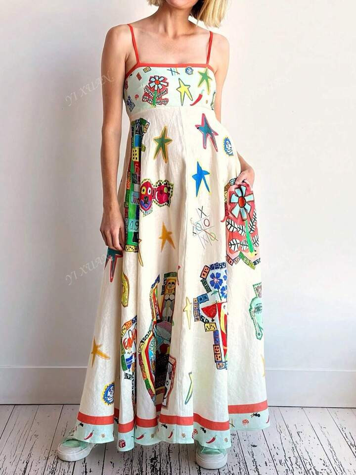 Plus Size Women Digital Printed Patchwork Dress With Adjustable Straps Bohemian Style A-Line Dress For Spring And Summer | SHEIN