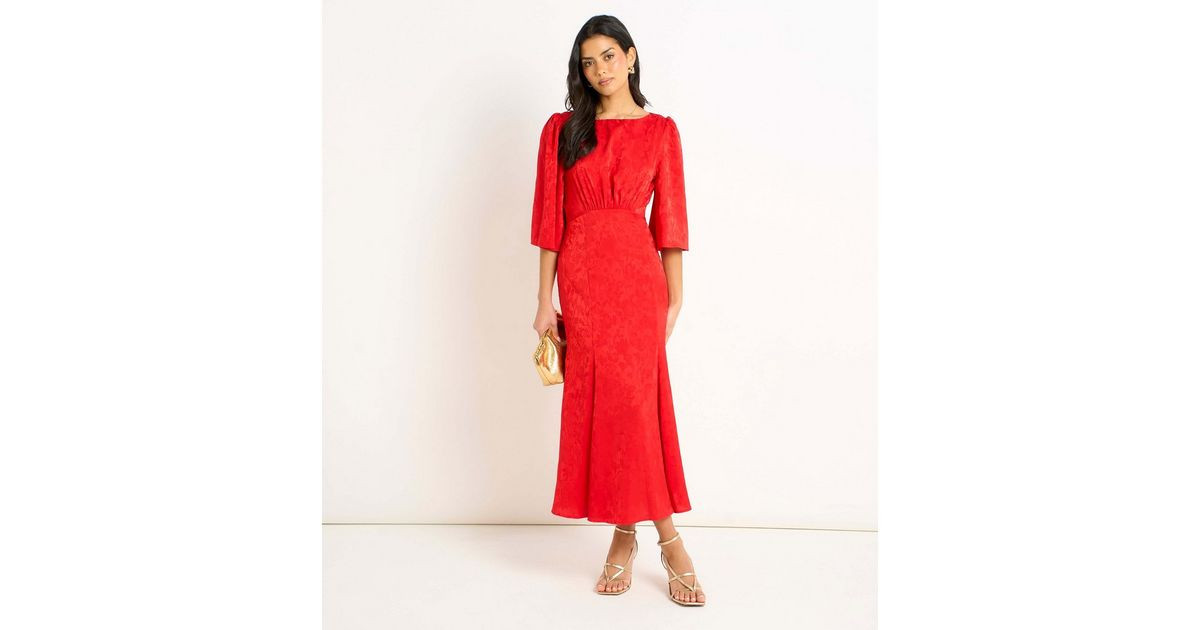 Gini London Bright Red Floral Jacquard Satin Midi Dress | New Look | New Look (UK)