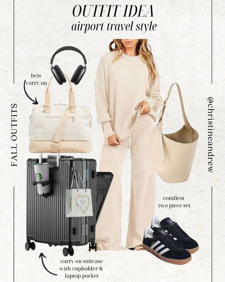 Airport outfit idea ✈️ this comfy two piece matching set is perfect for long plane rides!  I just got this carryon suitcase - obsessed with how it has a cup holder, bag hook & exterior laptop pocket🙌🏼

Fall style; fall outfits; airport outfit; travel outfit; two piece set; amazon set; adidas; amazon find; amazon fashion; beis; bucket bag; neutral outfit; comfy outfit; mom style; Christine Andrew 

#LTKtravel #LTKstyletip #LTKfindsunder50