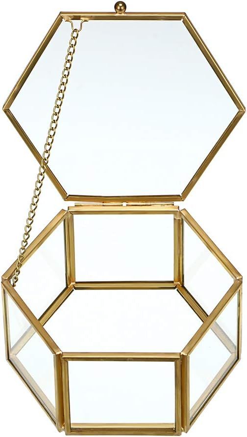 Hipiwe Vintage Glass Jewelry Box - Golden Hexagonal Jewelry Display Organizer Keepsake Box Home D... | Amazon (US)