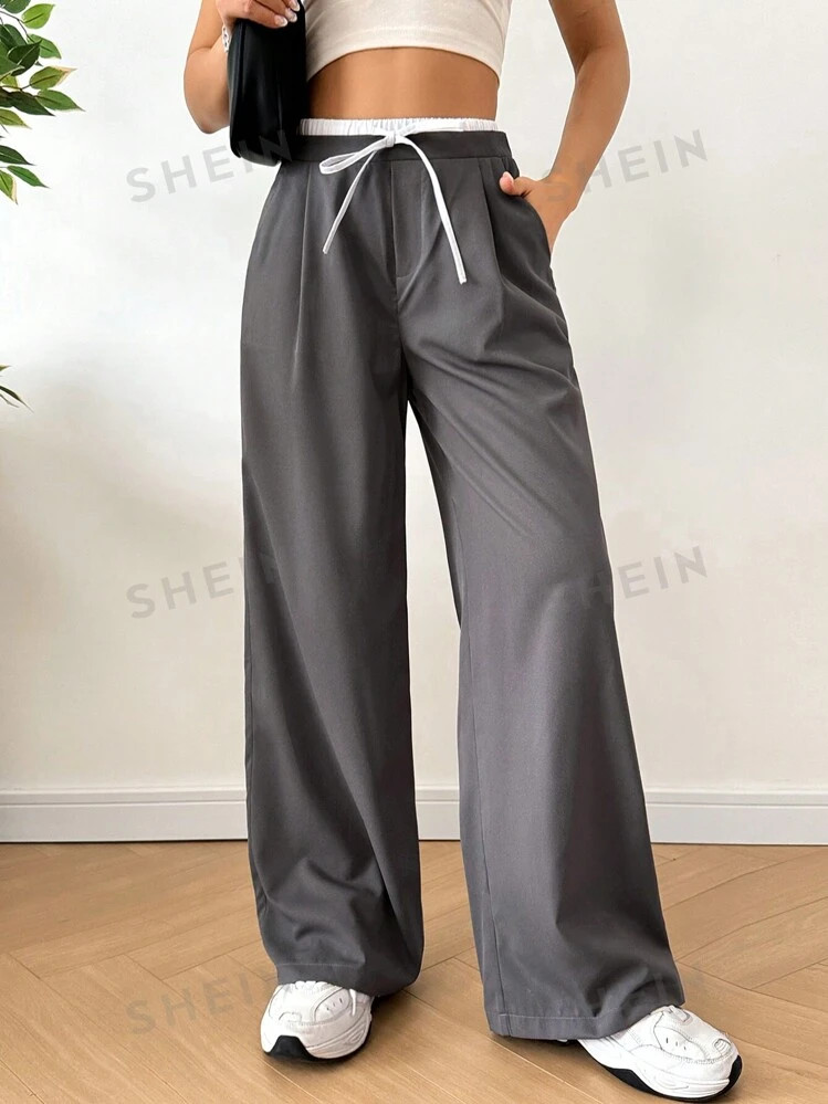 TrendsSHEIN EZwear Women Fashionable And Casual Wide-Leg Trousers With Tie-Up Waist Design | SHEIN