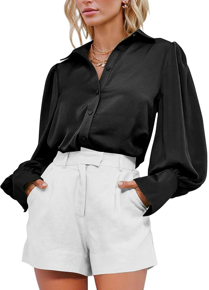 BTFBM Women Satin Button Down Shirts Lantern Long Sleeve Blouses Summer Fall Business Casual Outf... | Amazon (US)