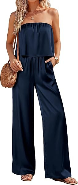 KIRUNDO Jumpsuits For Women Dressy 2026 Summer Satin Strapless Romper Flowy Tube Top Spring One P... | Amazon (US)