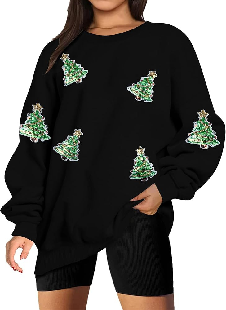 MYHALF Christmas Sweatshirt for Women Crewneck Sequin Christmas Tree Sweater Xma Long Sleeve Holi... | Amazon (US)