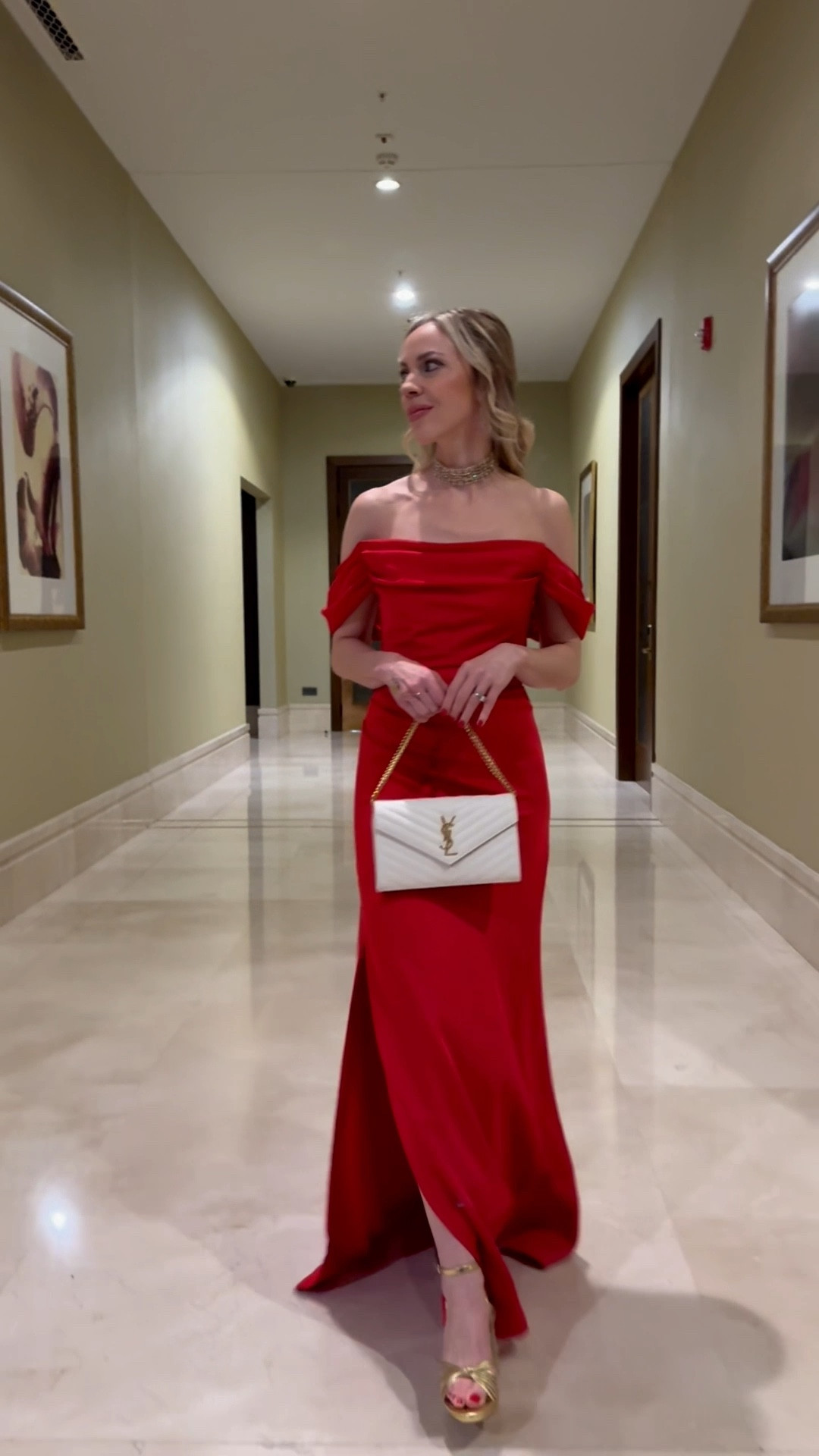 Formal event dress, holiday party, off the shoulder red dress, evening wear, gold choker necklace, winter wedding guest, red evening gown, gold heels

#LTKShoeCrush #LTKHoliday #LTKWedding