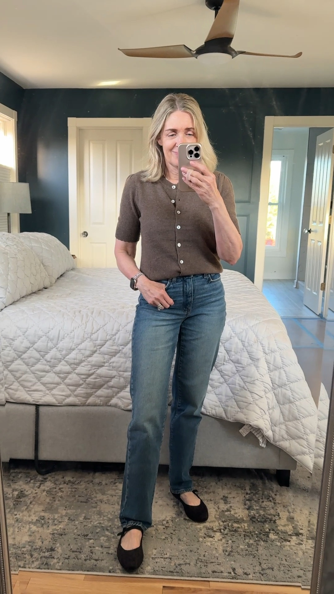 Fall outfits women over 50. @NYDJ cashmere cardigan size XS and Kelsey Stovepipe jeans size 00. @Rothy's Maryjane flats size up.
Fall shoes, teacher outfit, business casual outfit, fall transition outfit, cashmere sweater, fall trends, fall denim