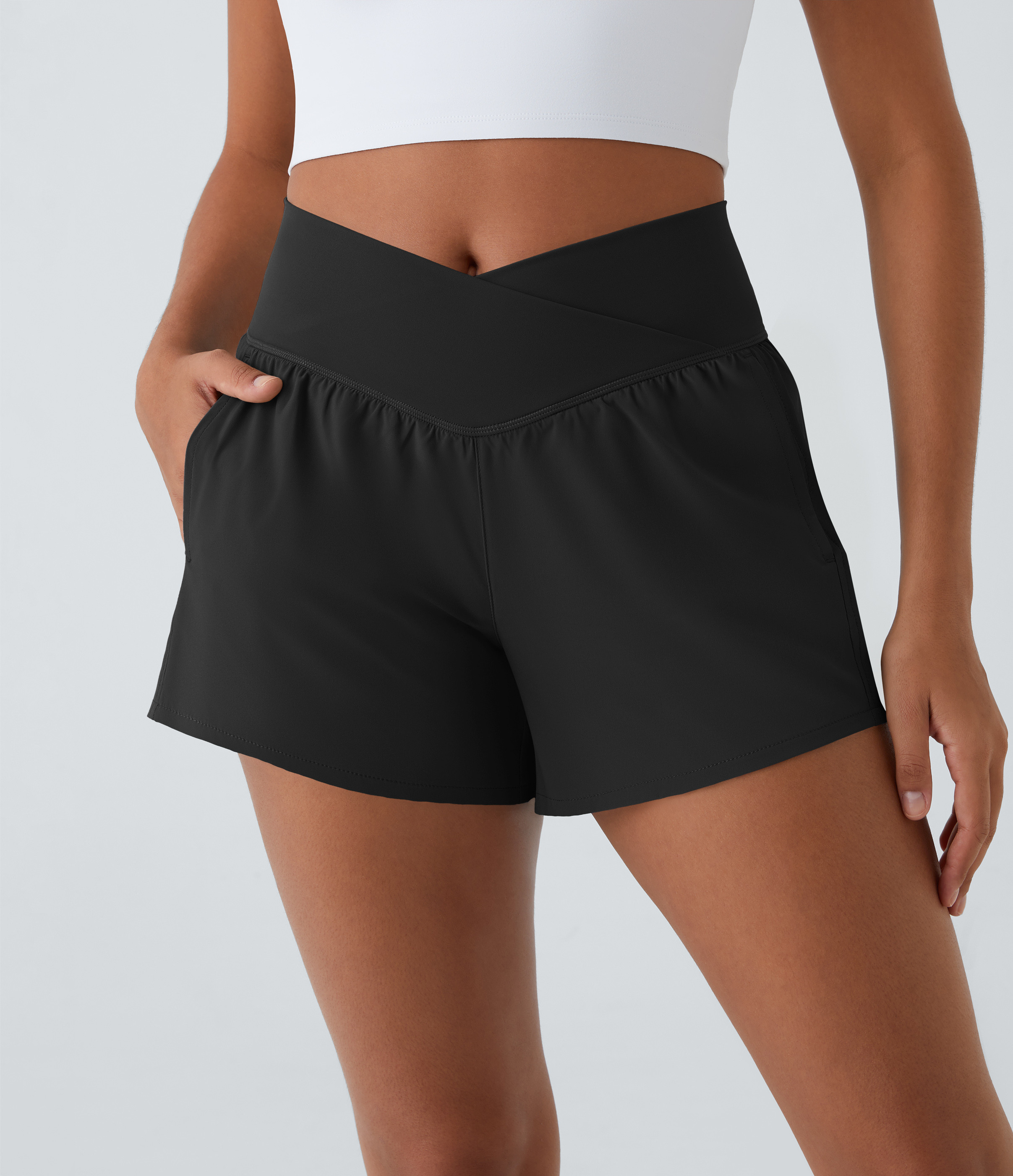 Halara Breezeful™ High Waisted Crossover Side Pocket 2-in-1 Quick Dry Yoga Shorts 4"" Gym Short - Black - XL booty shorts compression shorts | HALARA