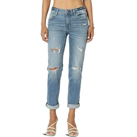 Women s Distressed Destructed Washed Denim Mid Rise Relaxed Boyfriend Jeans | Walmart (US)