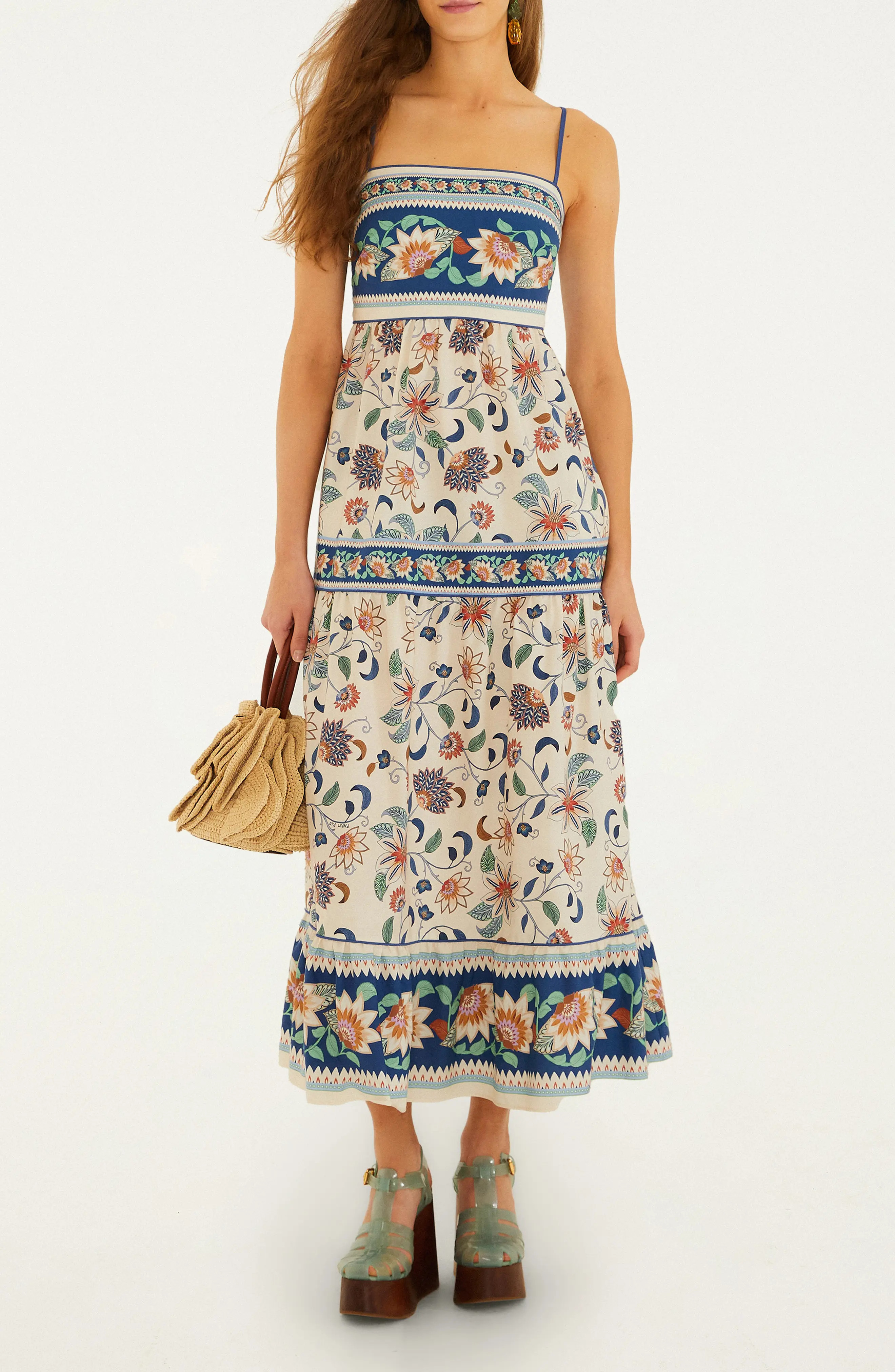 FARM Rio Delhi Floral Tapestry Print Sundress in Ivory/Blue/Soft Pink at Nordstrom, Size Small | Nordstrom