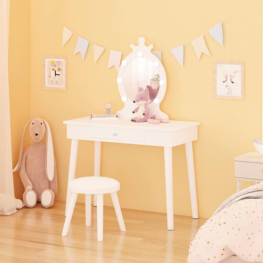 Vabches Kids Vanity Girls Vanity Set with Mirror and Stool, Small Makeup Vanity with Lights, Brig... | Amazon (US)