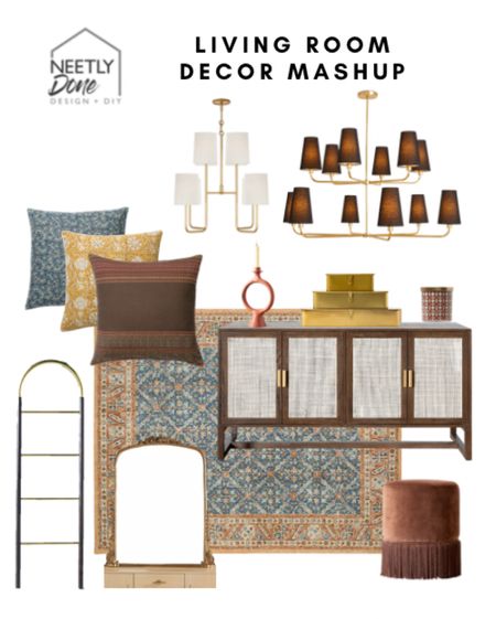 Coordinating decor mash up from my favorite stores. Visual comfort lighting, Rejuvenation chandelier, McGee and co pillows, McGee and co sideboard, Anthropologie blanket ladder and mirror, McGee and Co tassel stool, Anthropologie candlestick, McGee and co decorative gold boxes, Target candle, McGee and Co vintage rug