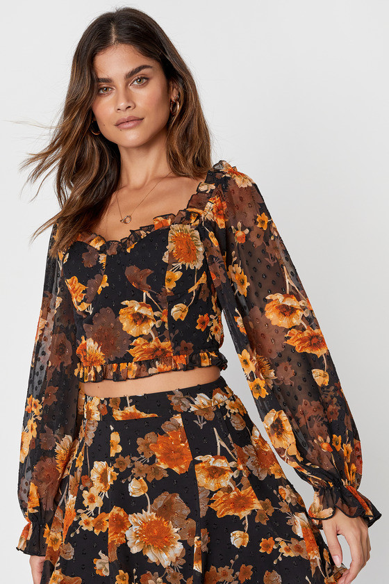 Remarkable Flair Black Floral Ruffled Balloon Sleeve Crop Top | Lulus (US)