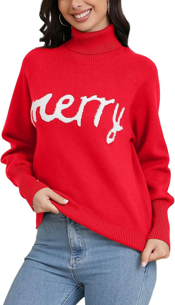 SPR&JOY Women's Christmas Turtleneck Sweaters, Chunky Long Sleeve Knit Pullover Tops, Merry Print... | Amazon (US)