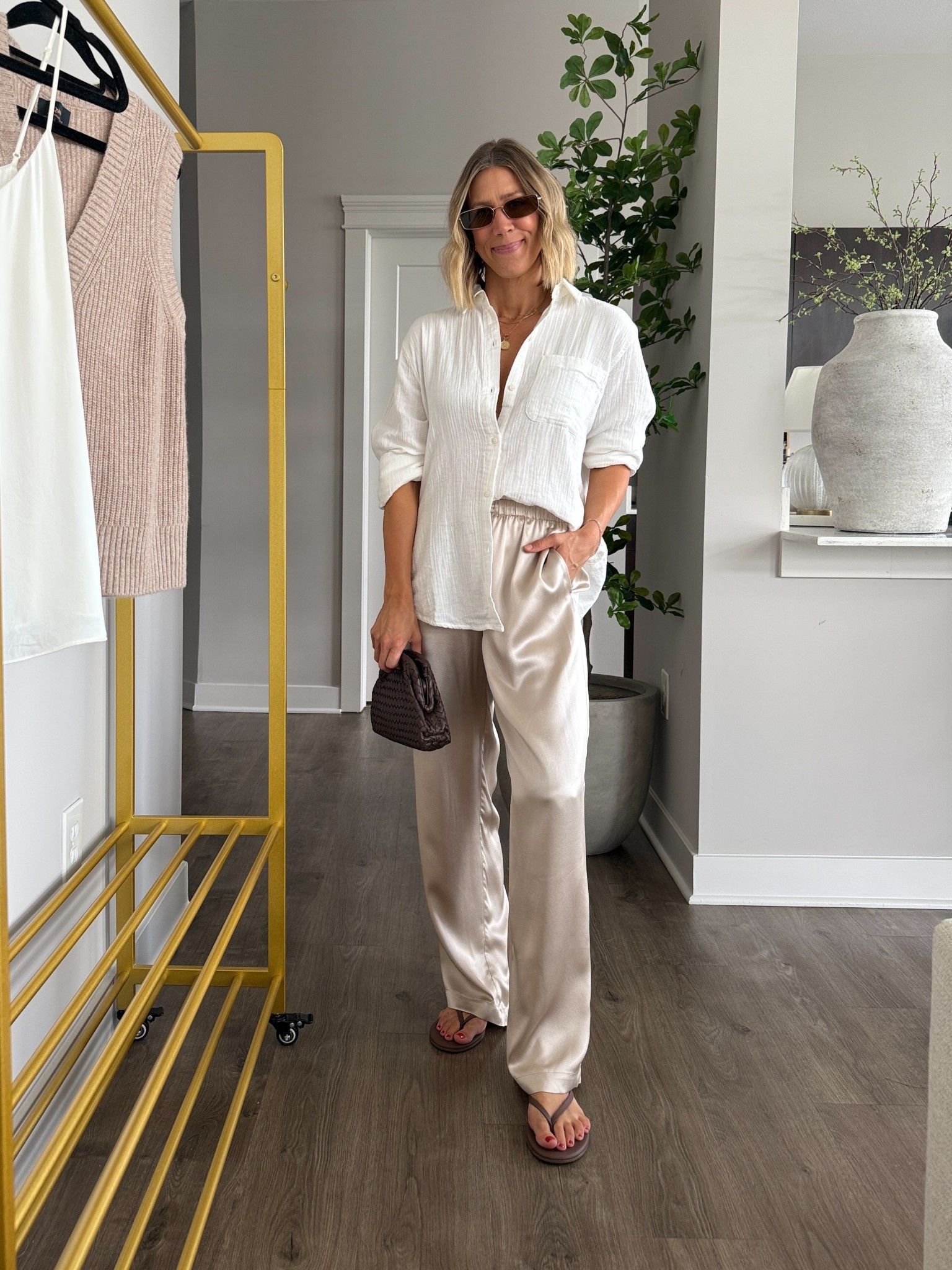 Wearing medium gauze button-up shirt (sized up one for oversized fit but fits tts), small silk pants

@onequince #quincepartner

#LTKFindsUnder100 #LTKStyleTip #LTKOver40