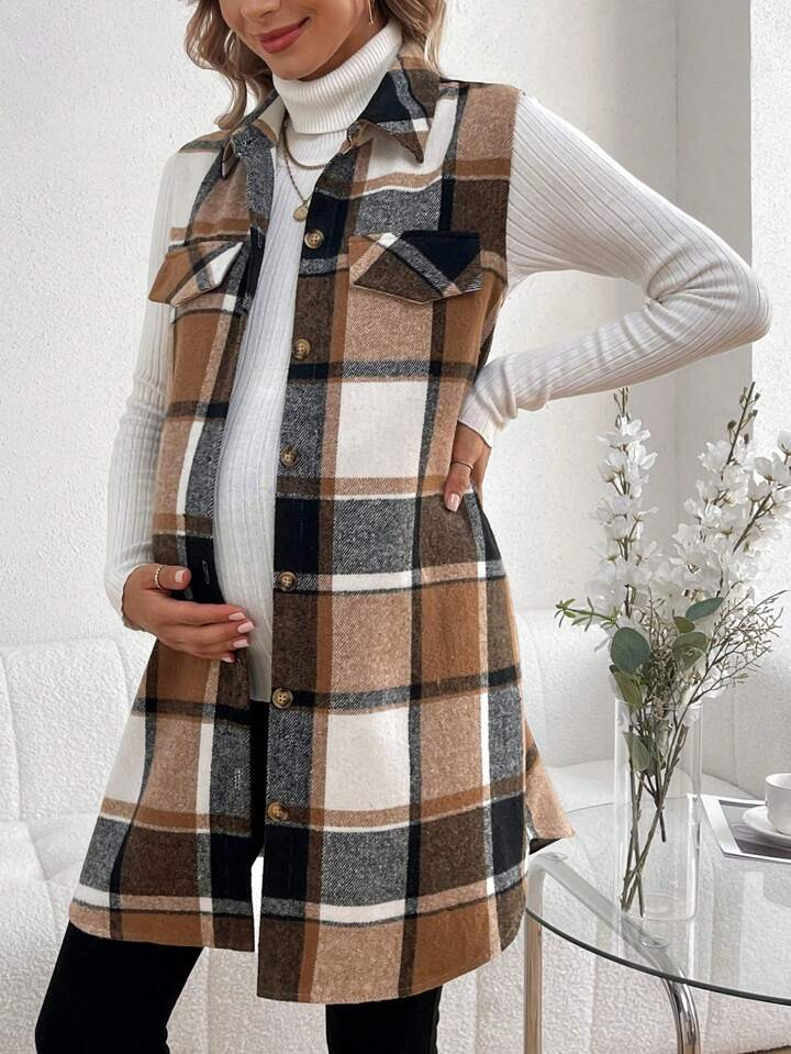 SHEIN Maternity Plaid Vest Coat | SHEIN